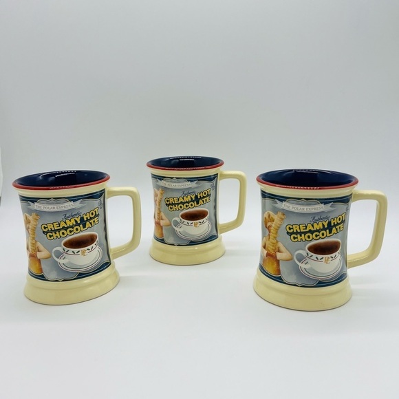 THE POLAR EXPRESS CREAMY HOT CHOCOLATE MUG SET OF 3 CREAM/BLUE COLORS - Picture 1 of 7
